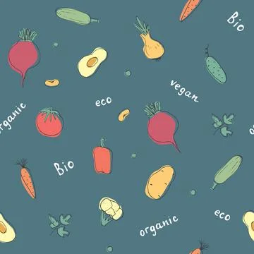 Vegetables seamless pattern. Vegetarian healthy bio food background, Vegan or Stock Illustration