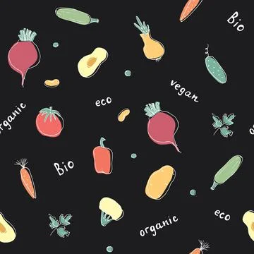 Vegetables seamless pattern. Vegetarian healthy bio food background, Vegan or Illustrazione stock