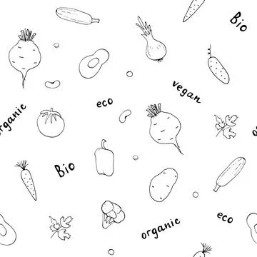 Vegetables seamless pattern. Vegetarian healthy bio food background, Vegan or Stock Illustration