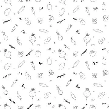 Vegetables seamless pattern. Vegetarian healthy bio food background, Vegan or Stock Illustration