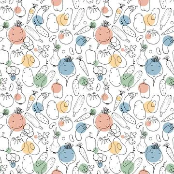 Vegetables seamless pattern. Vegetarian healthy bio food background, Vegan or Stock Illustration