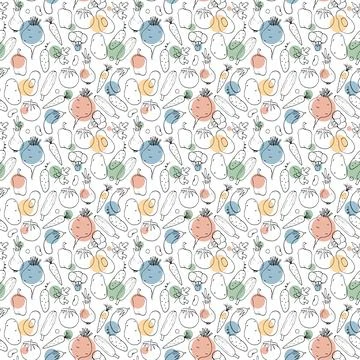 Vegetables seamless pattern. Vegetarian healthy bio food background, Vegan or Stock Illustration