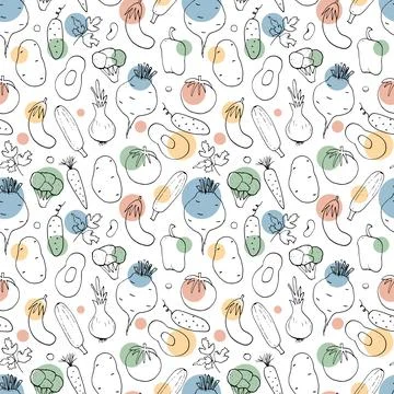 Vegetables seamless pattern. Vegetarian healthy bio food background, Vegan or Stock Illustration