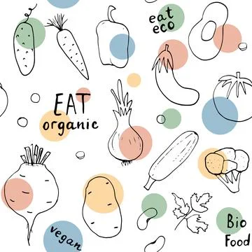 Vegetables seamless pattern. Vegetarian healthy bio food background, Vegan or Stock Illustration
