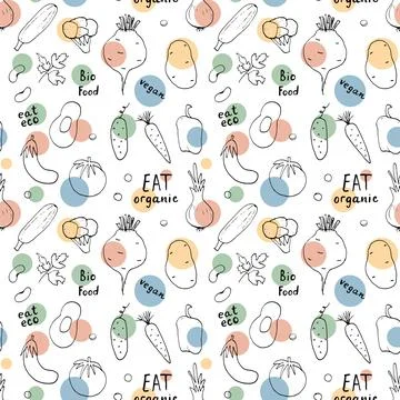 Vegetables seamless pattern. Vegetarian healthy bio food background, Vegan or 스톡 일러스트