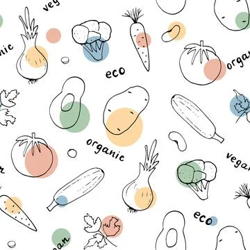 Vegetables seamless pattern. Vegetarian healthy bio food background, Vegan or Stock Illustration