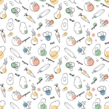 Vegetables seamless pattern. Vegetarian healthy bio food background, Vegan or Stock Illustration