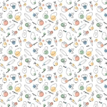 Vegetables seamless pattern. Vegetarian healthy bio food background, Vegan or Stock Illustration