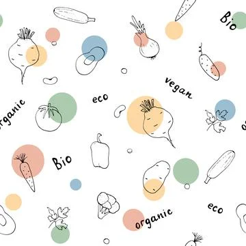 Vegetables seamless pattern. Vegetarian healthy bio food background, Vegan or Stock Illustration