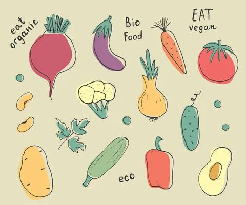 Vegetables seamless pattern. Vegetarian healthy bio food background, Vegan or Stock Illustration