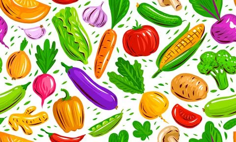 Vegetables seamless texture vector. Healthy farm organic food pattern background Stock Illustration