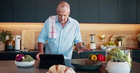 Vegetables, senior man or cooking on tablet for recipe method, dinner tutorial Video stock 301226443