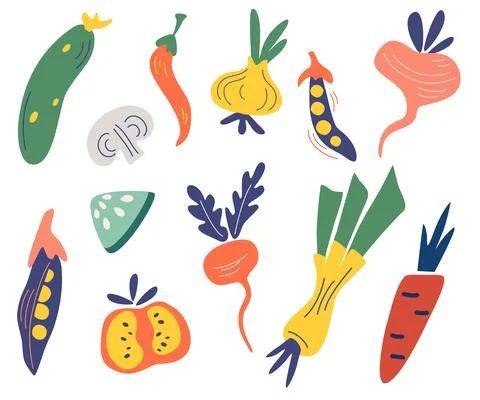 Vegetables set. Big Collection of colored hand drawn fresh vegetables. Big bu Stock Illustration