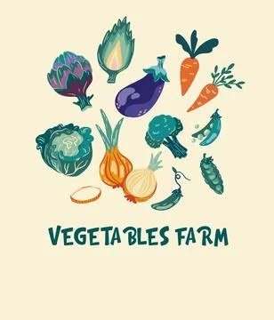 Vegetables set. Eggplant, cabbage, peas, carrots and onions. Fresh farm, orga Stock Illustration