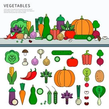 Vegetables set flat line Stock Illustration