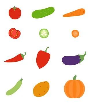 Vegetables, set isolated on a white background. Cucumber, tomato, carrot Stock Illustration