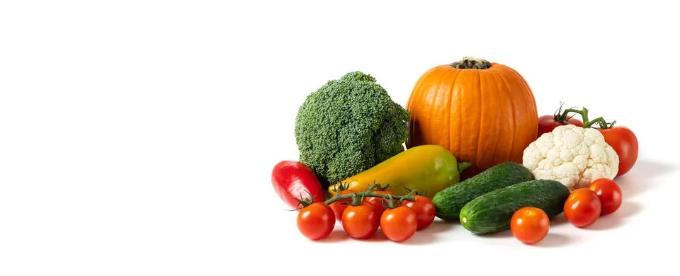 Vegetables set isolated on a white background. Banner. Pumpkin, broccoli, cau Stock Photos