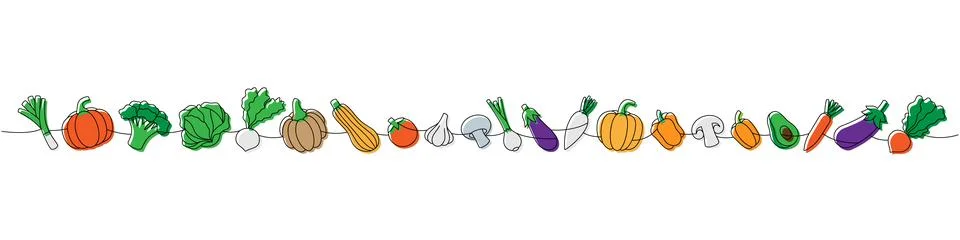 Vegetables set one line colored continuous drawing. Tomato, garlic bulb Stock Illustration