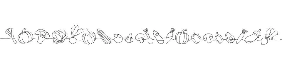 Vegetables set one line continuous drawing. Tomato, garlic bulb, mushroom Stock Illustration