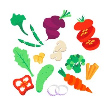 Vegetables set. Preparing salad. Whole, sliced and chopped various vegetables- Stock Illustration