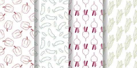 Vegetables set of seamless hand engraved patterns Stockillustratie