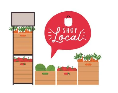 Vegetables shelf and boxes with shop local inside bubble vector design 스톡 일러스트