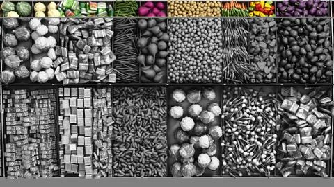 Vegetables on shelves in a supermarket 3d render image Illustrazione stock