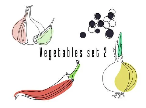 Vegetables spices set. Line art, linear, outline. Stock Illustration