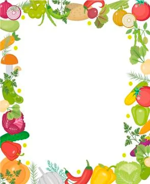 Vegetables square frame, with place for text. Flat style. Isolated on white Stock Illustration