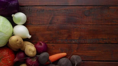 Vegetables Stop Motion Animation Featuring Organic Produce on Wooden Background Stock Footage 331101464