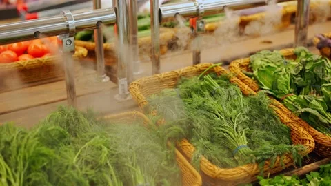 Vegetables in the store on the counter with a humidifier Stock Footage 168412867