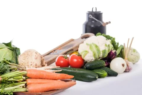 Vegetables on the table for cooking isolated on white background Stock Photos