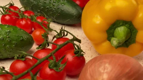 Vegetables - tomato, cucumber, pepper and bow. Stock Footage 149756624