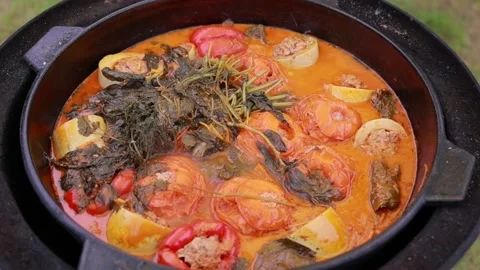 Vegetables, tomatoes and peppers with minced meat stewed in a cauldron Stock Footage 163531093