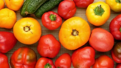 Vegetables. Tomatoes, peppers, cucumbers. Background. Stock Footage 139397750