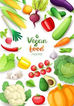Vegetables top view frame. Vegan food market vertical poster design. Colorful Stock Illustration
