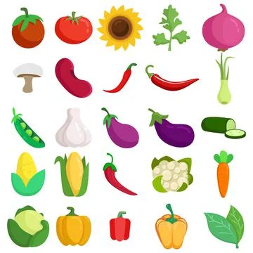Vegetables vector clip art set cucumber, garlic, bay leaves, eggplant, green Illustrazione stock