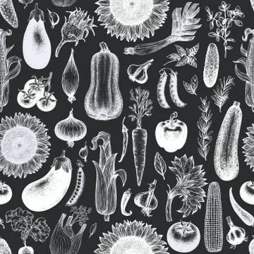 Vegetables vector seamless pattern. Hand drawn illustrations on chalk board Illustrazione stock