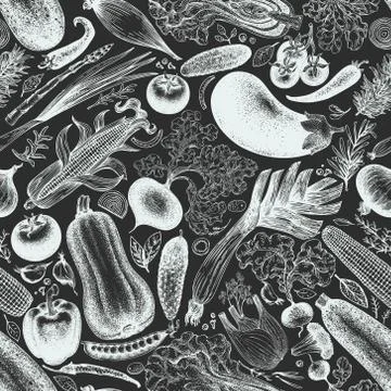 Vegetables vector seamless pattern. Retro engraved style background. Hand drawn Stock Illustration