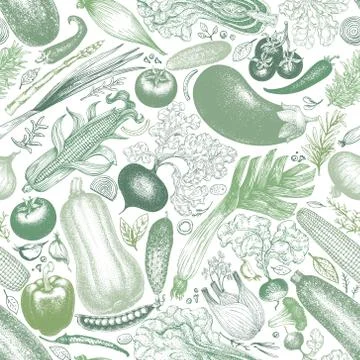 Vegetables vector seamless pattern. Retro engraved style background. Hand drawn Stock Illustration
