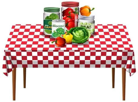 Vegetables with vegetable in jars on the table with checkered pattern tablecl Stock Illustration