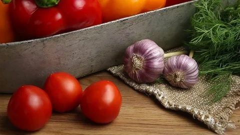 Vegetables, vegetables on the table. corn, cauliflower, tomatoes, champignons Stock Footage 80755077