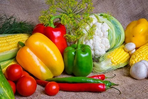 Vegetables, vegetables on the table. corn, cauliflower, tomatoes, champignons Stock Photos
