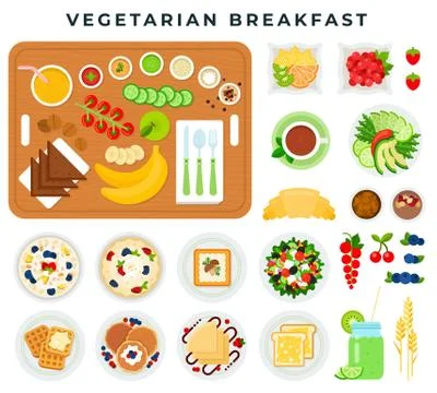 Vegetarian breakfast, set of colorful elements. Vegetables, fruits, berries Stockillustratie