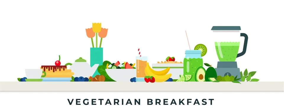 Vegetarian breakfast vector illustration in flat design. 스톡 일러스트