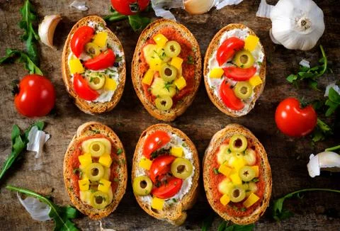 Vegetarian bruschettas Stock Photos