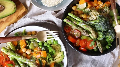 Vegetarian Buddha bowl. Organic and clean food. Healthy and balanced diet eating Stock Footage 108015966