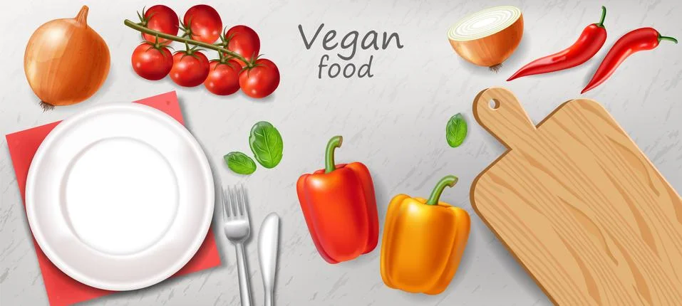 Vegetarian dinner table Vector realistic. White plate healthy food templates Stock Illustration