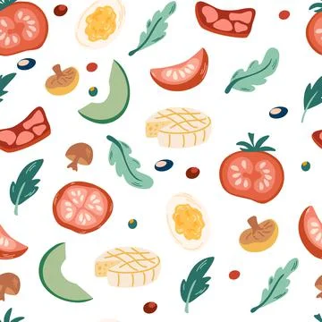 Vegetarian food seamless pattern. Endless background with vegetables, mushroo Stock Illustration