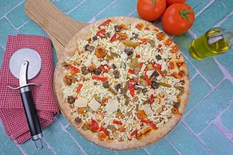 Vegetarian pizza on a table Stock Photos